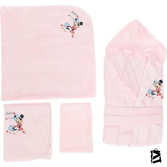 Özdilek Minnie Mouse Nakışlı Bambu Bebek Bornoz Seti Pembe