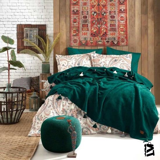 İyi Geceler İstanbul Boho Chic çift Kişilik Püsküllü Battaniyeli Nevresim Seti - Zümrüt Yeşil - Elden Taksitle Sözleşmeli Senetli Alışveriş