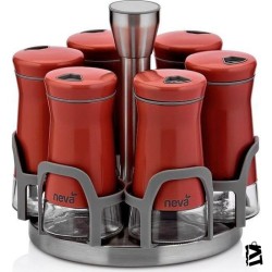Neva N2403 Sweet Kırmızı Maxi 6'lı Dönen Metal Cam Baharatlık Seti